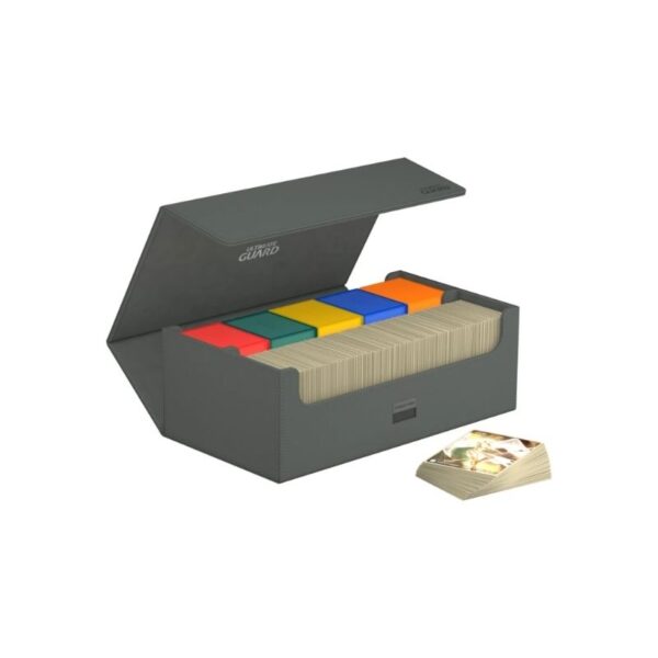 Premium Grey storage case for trading cards, featuring XenoSkin exterior, microfiber lining, and secure magnetic closure.
