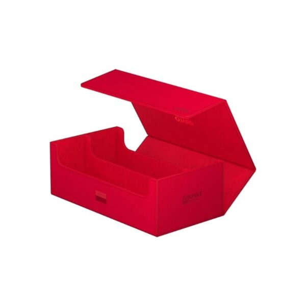 Premium Red storage case for trading cards, featuring XenoSkin exterior, microfiber lining, and secure magnetic closure.