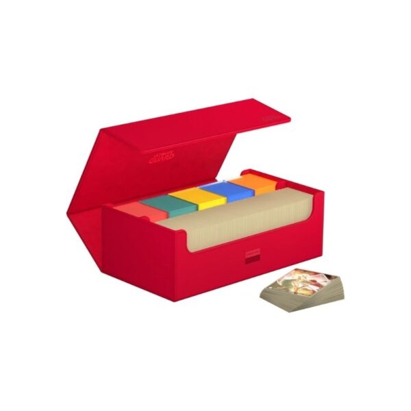 Premium Red storage case for trading cards, featuring XenoSkin exterior, microfiber lining, and secure magnetic closure.