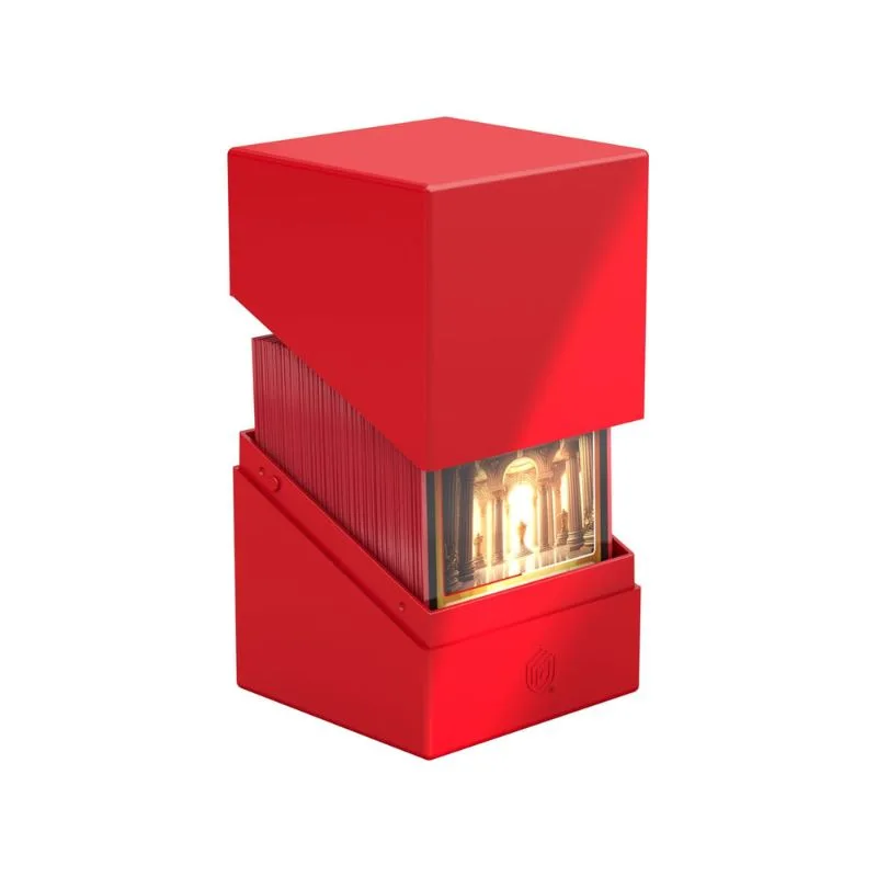 . Solid red Ultimate Guard Boulder 100+ storage box for card protection and organization.
