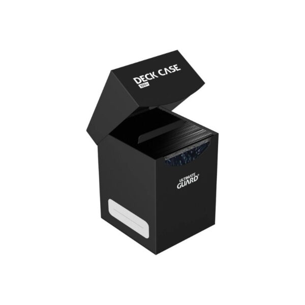 Ultimate Guard Deck Case 100+ in black, designed for 100+ cards, offers portability and protection with a secure snap closure.