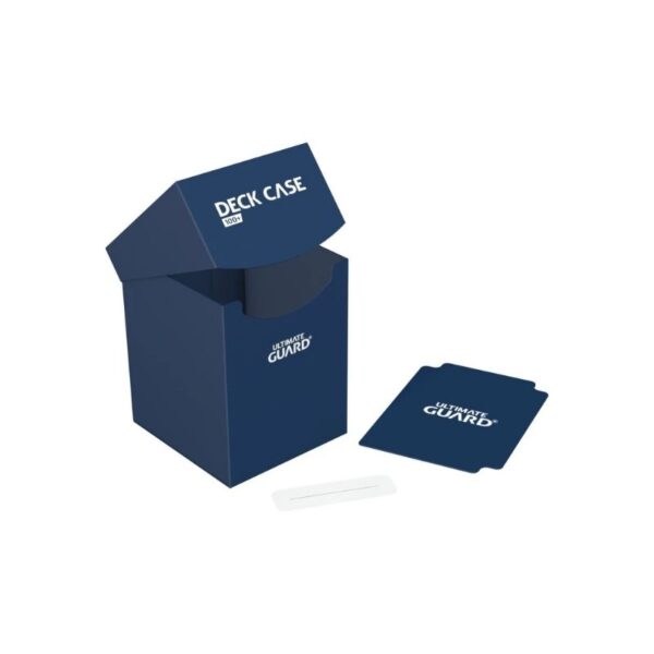 Blue Ultimate Guard Deck Case 100+ for collectible cards, made of durable polypropylene for secure storage and protection.