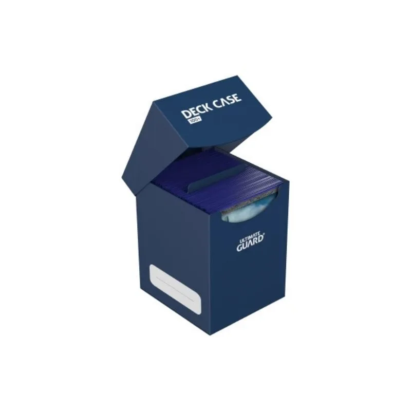 Blue Ultimate Guard Deck Case 100+ for collectible cards, made of durable polypropylene for secure storage and protection.