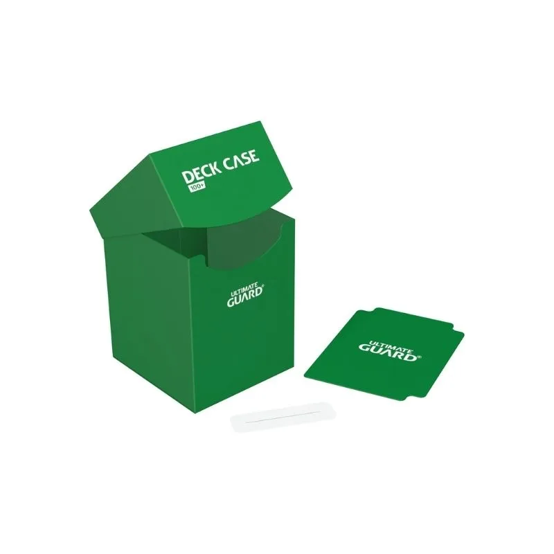 Green Ultimate Guard Deck Case 100+ for collectible cards, made of durable polypropylene for secure storage and protection.