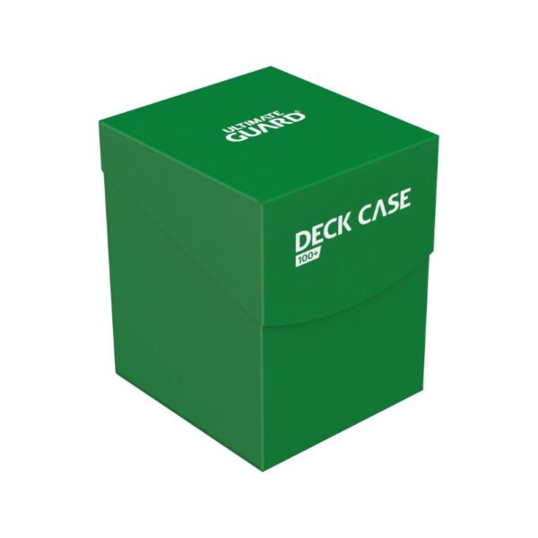 Green Ultimate Guard Deck Case 100+ for collectible cards, made of durable polypropylene for secure storage and protection.