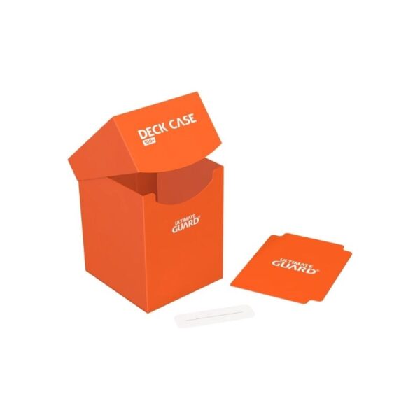 Orange Ultimate Guard Deck Case 100+ for collectible cards, made of durable polypropylene for secure storage and protection.