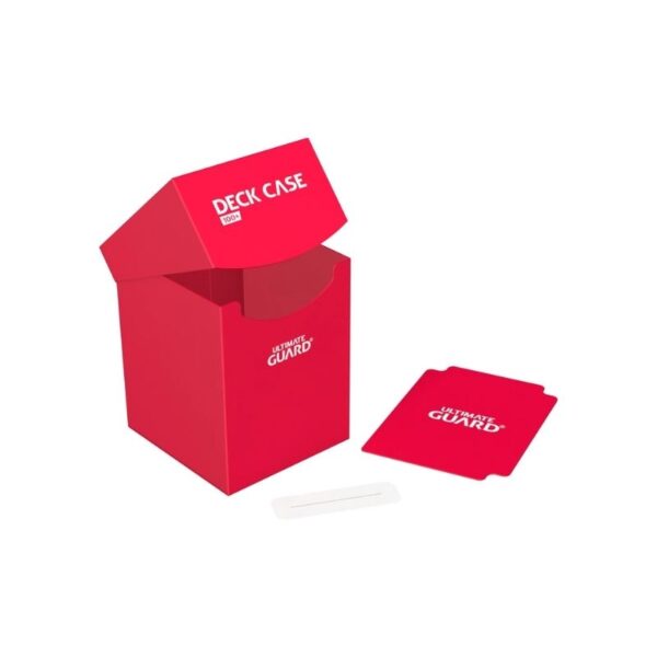 Red Ultimate Guard Deck Case 100+ for collectible cards, made of durable polypropylene for secure storage and protection.