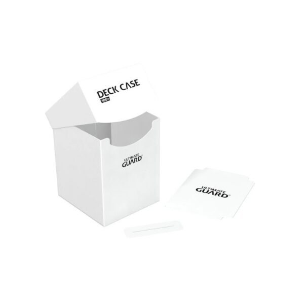 White Ultimate Guard Deck Case 100+ for collectible cards, made of durable polypropylene for secure storage and protection.