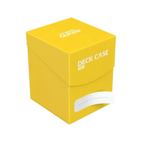 Yellow Ultimate Guard Deck Case designed to hold over 100 cards, featuring a sleek and durable design for card protection