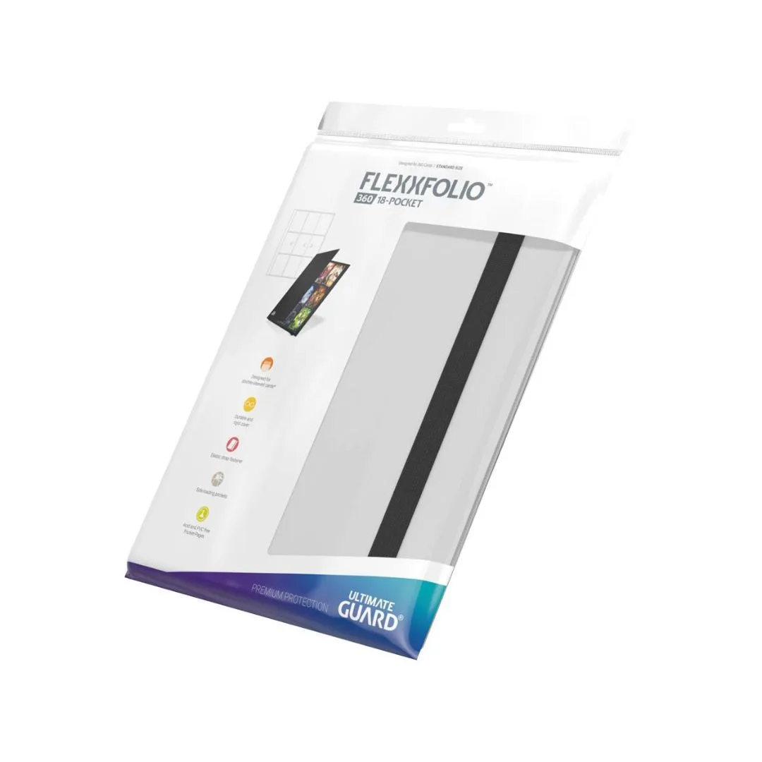 Ultimate Guard Flexxfolio 360, white, featuring 18 pockets for card storage and organization.