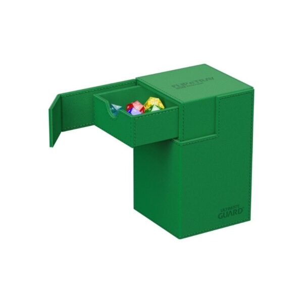 Green Ultimate Guard Flip'n'Tray 100+ deck box, designed to store and protect over 100 double-sleeved trading cards.