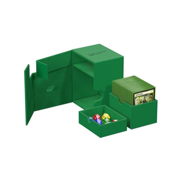 Ultimate Guard Flip'n'Tray 133+ in Xenoskin Green, designed for card storage and protection with a sleek, modern look