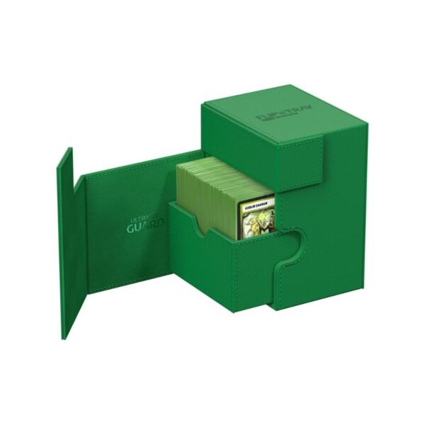 Ultimate Guard Flip'n'Tray 133+ in Xenoskin Green, designed for card storage and protection with a sleek, modern look