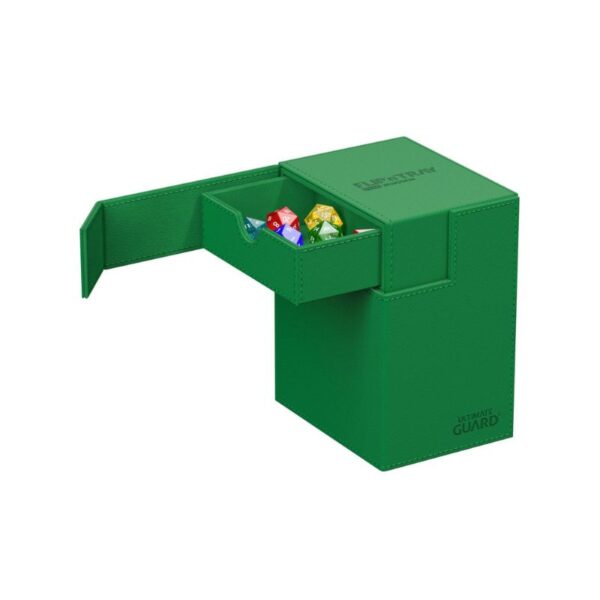 Ultimate Guard Flip'n'Tray 133+ in Xenoskin Green, designed for card storage and protection with a sleek, modern look