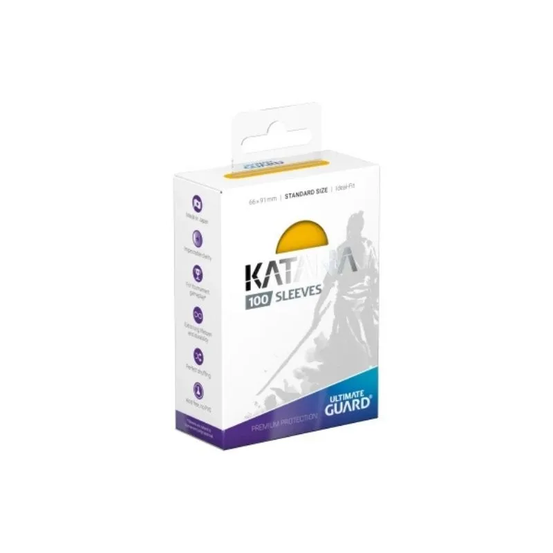 Yellow Ultimate Guard Katana card sleeves, pack of 100, designed for standard trading cards, offering durability and clarity.