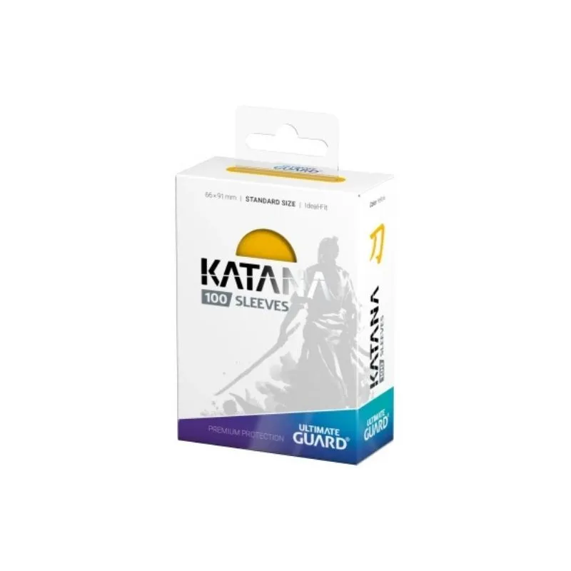 Yellow Ultimate Guard Katana card sleeves, pack of 100, designed for standard trading cards, offering durability and clarity.