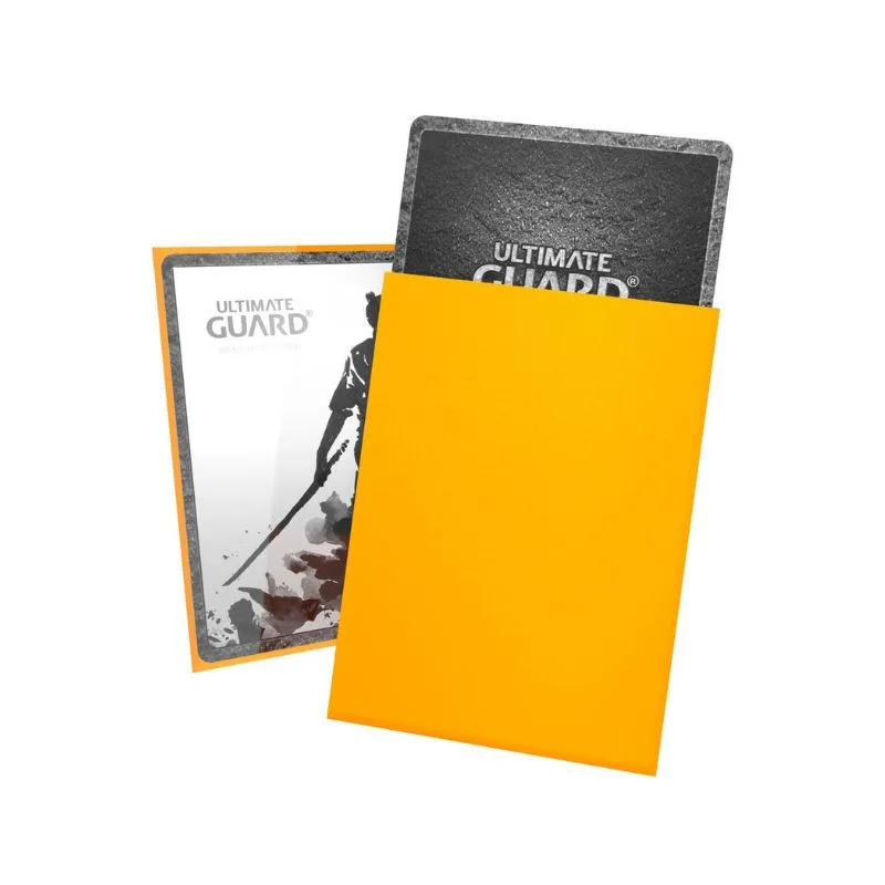 Yellow Ultimate Guard Katana card sleeves, pack of 100, designed for standard trading cards, offering durability and clarity.