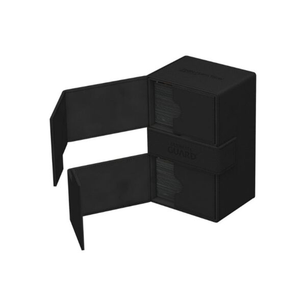 Black Ultimate Guard Twin Flip'n'Tray deck box with textured surface, holds 160 double-sleeved cards, features magnetic lids.