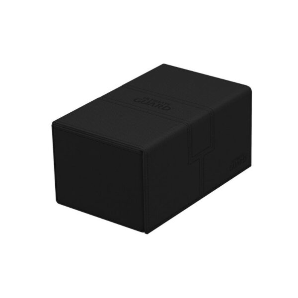 Black Ultimate Guard Twin Flip'n'Tray deck box with textured surface, holds 160 double-sleeved cards, features magnetic lids.