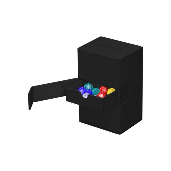 Black Ultimate Guard Twin Flip'n'Tray deck box with textured surface, holds 160 double-sleeved cards, features magnetic lids.