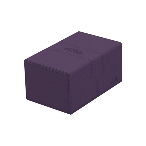 Purple Ultimate Guard Twin Flip'n'Tray deck box with textured surface, holds 160 double-sleeved cards, features magnetic lids.