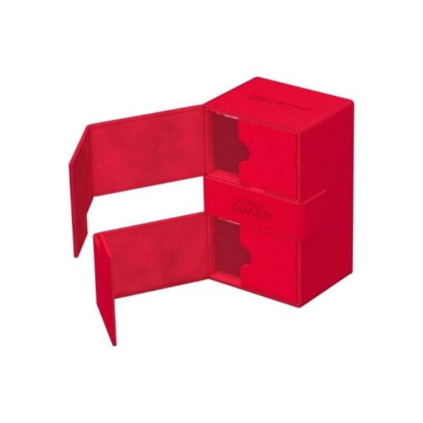 Red Ultimate Guard Twin Flip'n'Tray deck box with textured surface, holds 160 double-sleeved cards, features magnetic lids.