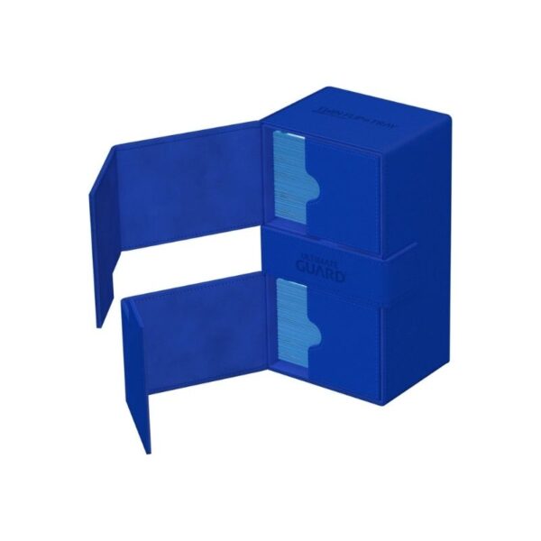 Premium Blue deck box with textured surface, holds 200 double-sleeved cards, features removable trays and magnetic lids.