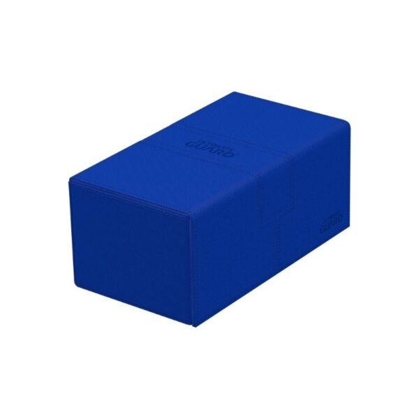 Premium Blue deck box with textured surface, holds 200 double-sleeved cards, features removable trays and magnetic lids.
