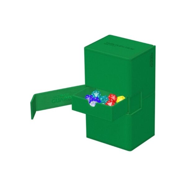 Premium Green deck box with textured surface, holds 200 double-sleeved cards, features removable trays and magnetic lids.