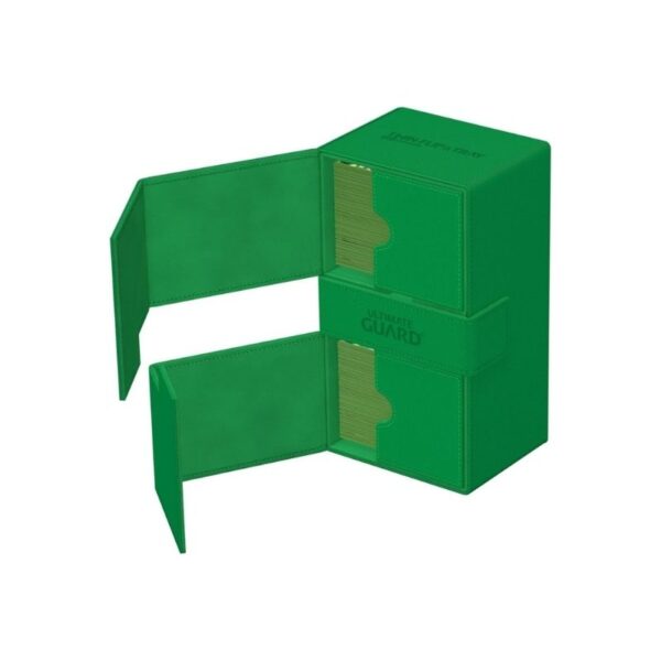 Premium Green deck box with textured surface, holds 200 double-sleeved cards, features removable trays and magnetic lids.
