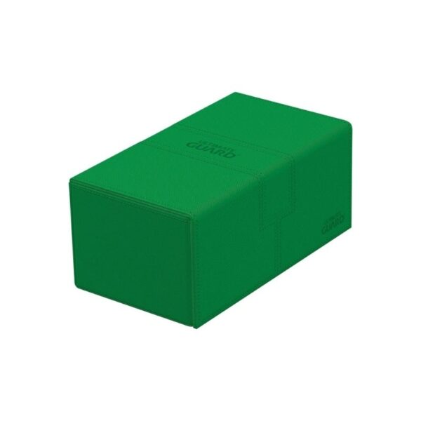Premium Green deck box with textured surface, holds 200 double-sleeved cards, features removable trays and magnetic lids.