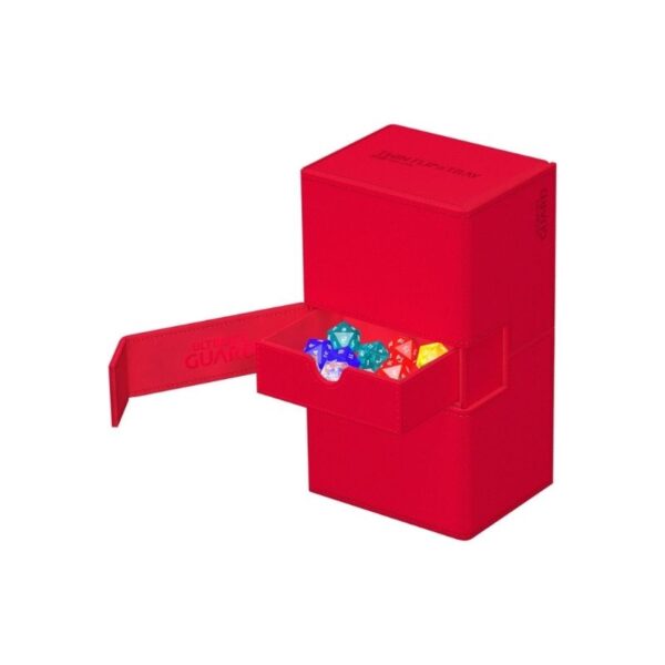 Premium Red deck box with textured surface, holds 200 double-sleeved cards, features removable trays and magnetic lids.