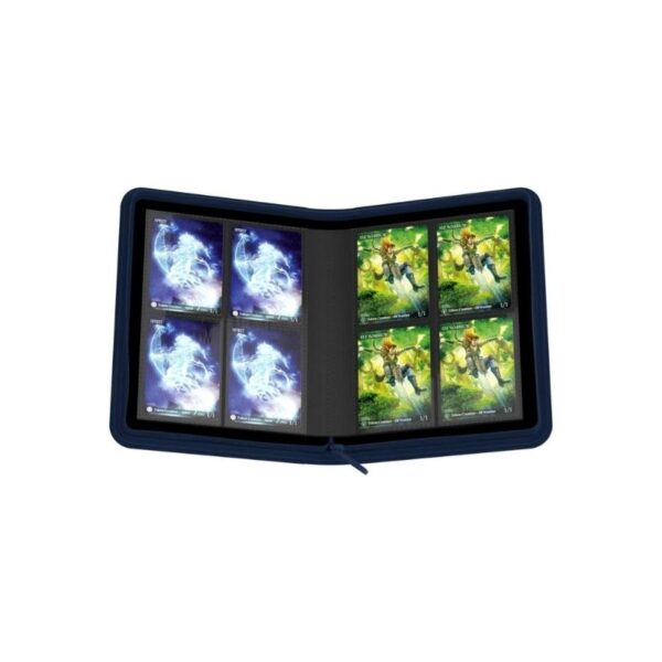 Blue XenoSkin™ binder with 20 integrated 8-pocket pages, holds up to 160 double-sleeved trading cards, features zipper closure.