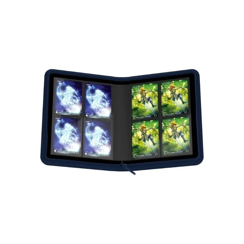 Blue XenoSkin™ binder with 20 integrated 8-pocket pages, holds up to 160 double-sleeved trading cards, features zipper closure.