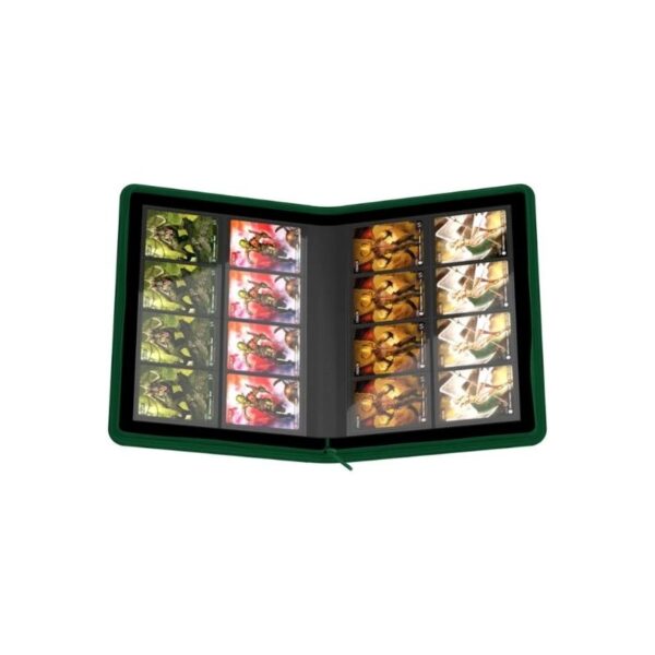 Green Ultimate Guard Zipfolio 320 card binder with 16 pockets, durable XenoSkin cover, and zipper closure for card protection.