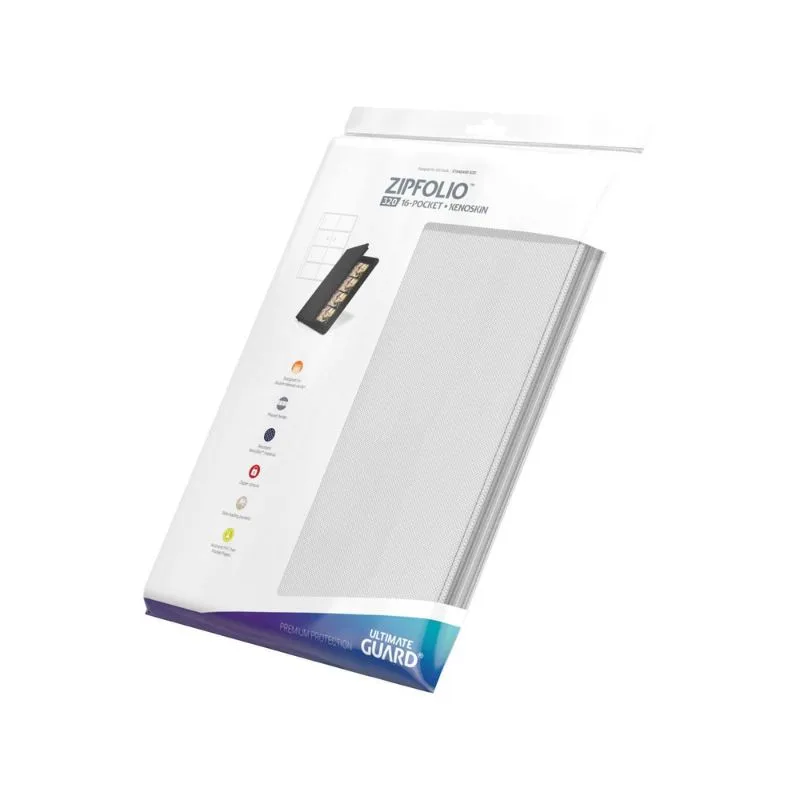 Ultimate Guard Zipfolio 320, a white Xenoskin binder with 16 pockets for card storage and organization