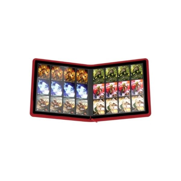 Red Ultimate Guard Zipfolio 480 binder with zipper, holds 480 double-sleeved cards, features durable XenoSkin™ cover.