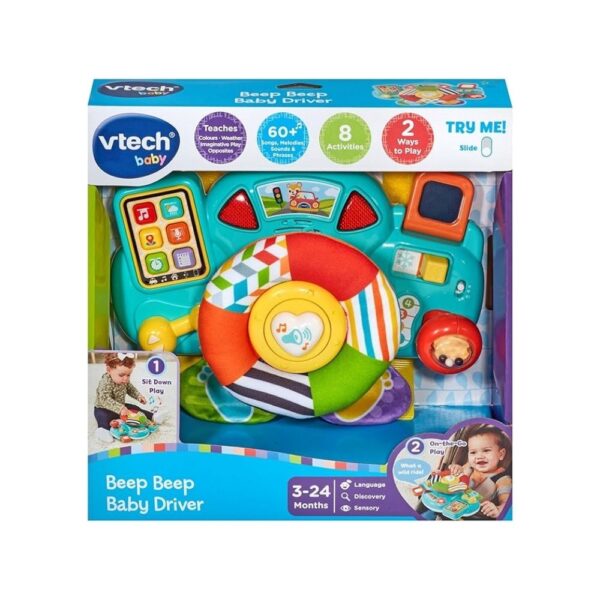 Interactive VTech Toot Toot Drivers toy car with colorful design, buttons, and sounds for engaging playtime for babies