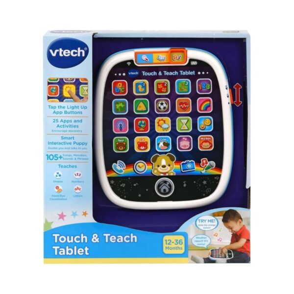 Vtech Touch & Teach Tablet featuring colorful buttons and a screen for interactive learning and play for young children