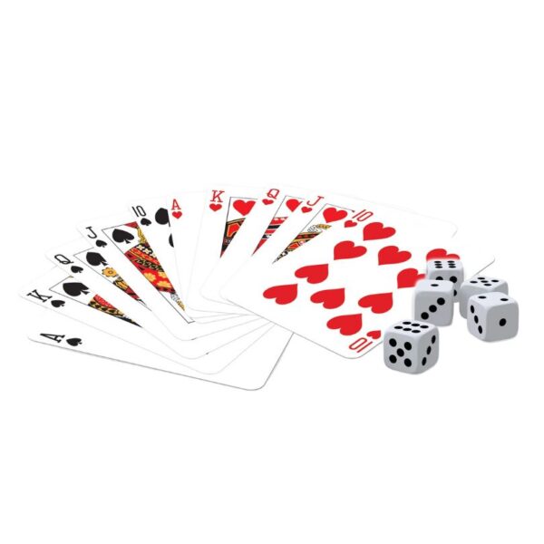 Two decks of playing cards and five dice arranged together, showcasing a classic gaming set for various tabletop games