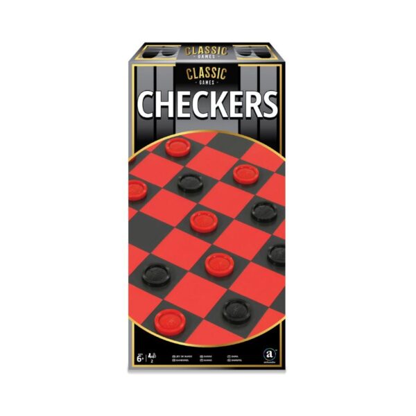 A classic checkers game set featuring a wooden board and red and black pieces, designed for two players