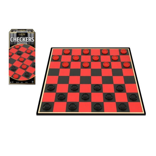 A classic checkers game set featuring a wooden board and red and black pieces, designed for two players