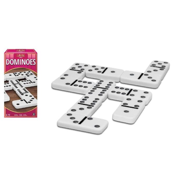 A set of classic dominoes featuring black tiles with white dots, arranged neatly on a wooden surface