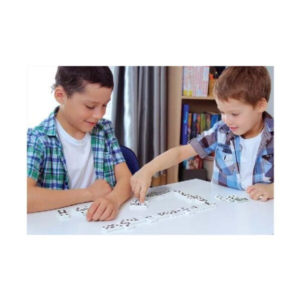 A set of classic dominoes featuring black tiles with white dots, arranged neatly on a wooden surface