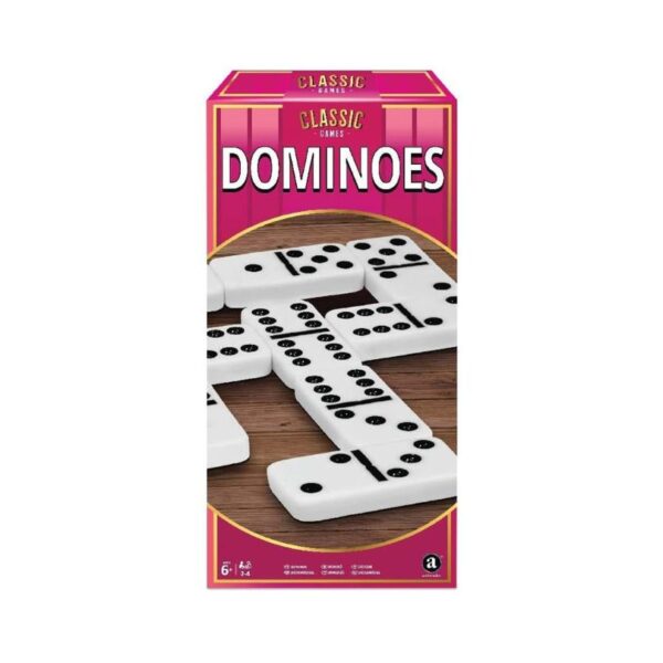 A set of classic dominoes featuring black tiles with white dots, arranged neatly on a wooden surface