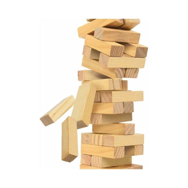 A colorful wooden block game featuring stacked blocks in a tumbling tower design, ideal for family fun and skill-building.