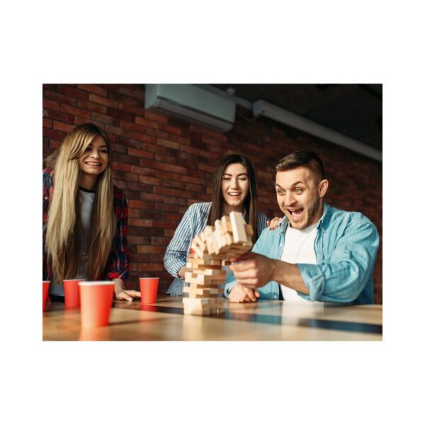 A colorful wooden block game featuring stacked blocks in a tumbling tower design, ideal for family fun and skill-building.