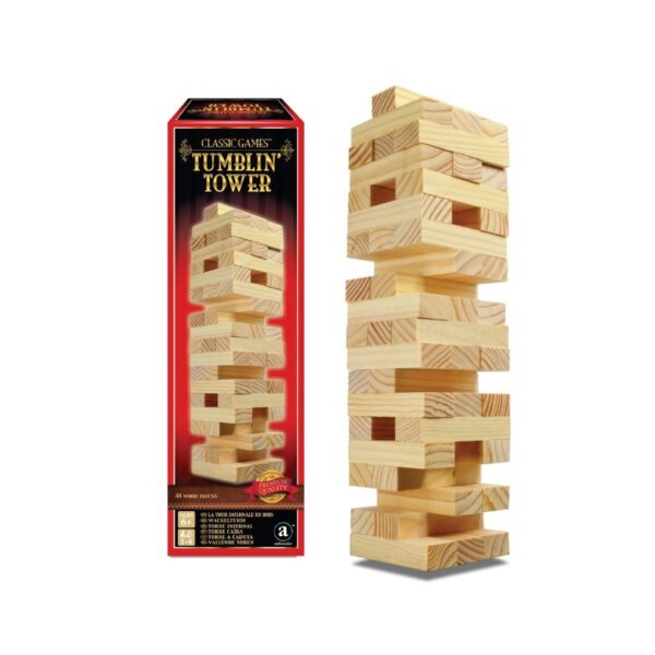 A colorful wooden block game featuring stacked blocks in a tumbling tower design, ideal for family fun and skill-building.