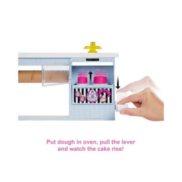 A colorful Barbie Bakery Playset featuring miniature baking tools, pastries, and a cheerful Barbie doll ready to bake