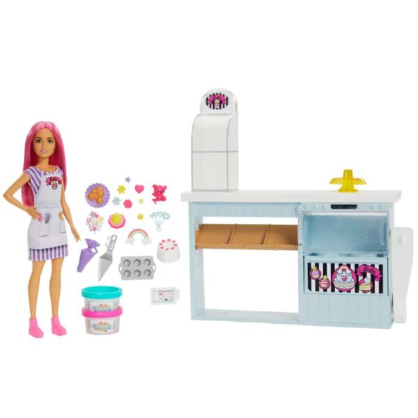 A colorful Barbie Bakery Playset featuring miniature baking tools, pastries, and a cheerful Barbie doll ready to bake